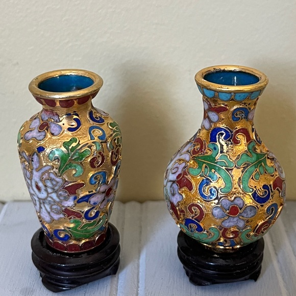 Other - Vintage Miniature Cloisonne Style Gold Tone‎ Background Floral Vases With Bases